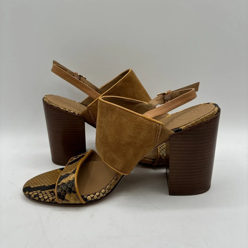 Tory‎ Burch Kira Heeled Sandals Women's 7 Brown Snake Print Suede Leather